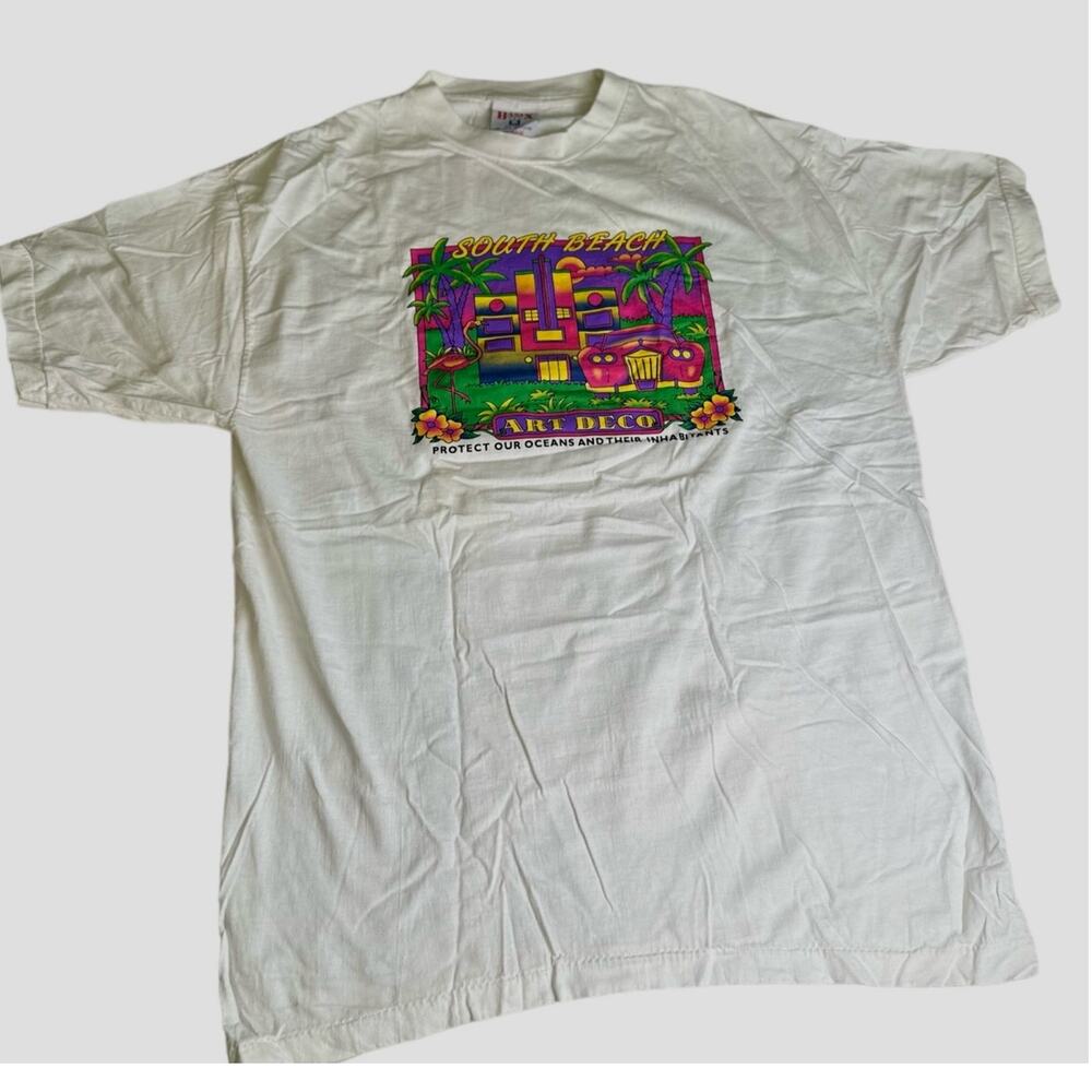 Vintage 90s Single Stitched White 100% Cotton Tee Basix South Beach Art Deco XL